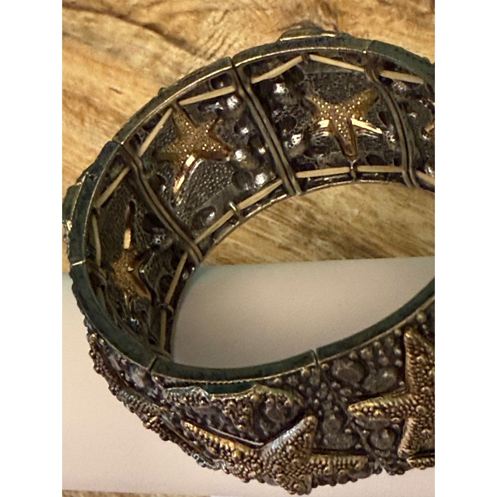 Wide Starfish Stretch Bracelet Coastal Beach Pewter Brass Statement Mermaidcore - Picture 8 of 10